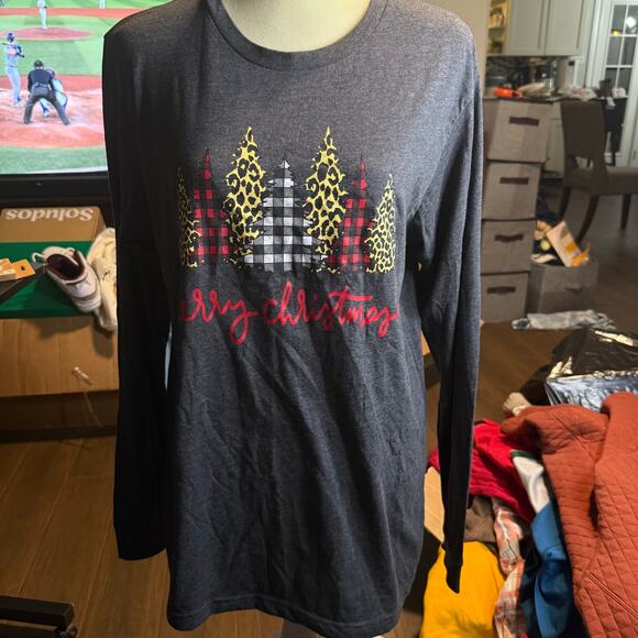 Merry Christmas Long Sleeve Graphic Tee, Buffalo Plaid & Leopard Trees, Large - Picture 5 of 6